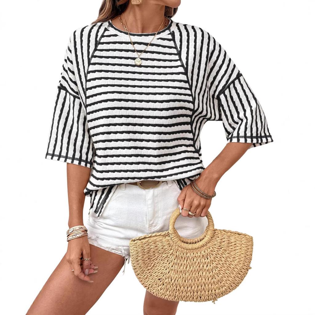 Women's Fashionable, Casual And Versatile Striped Mid-sleeve T-shirt Top