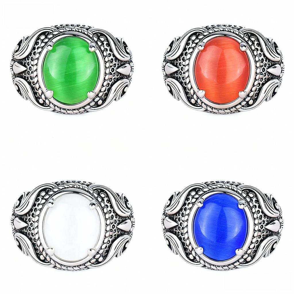 Vintage Owl Totem Moonstone Ring with Cat's Eye Stone and Four-Prong Setting