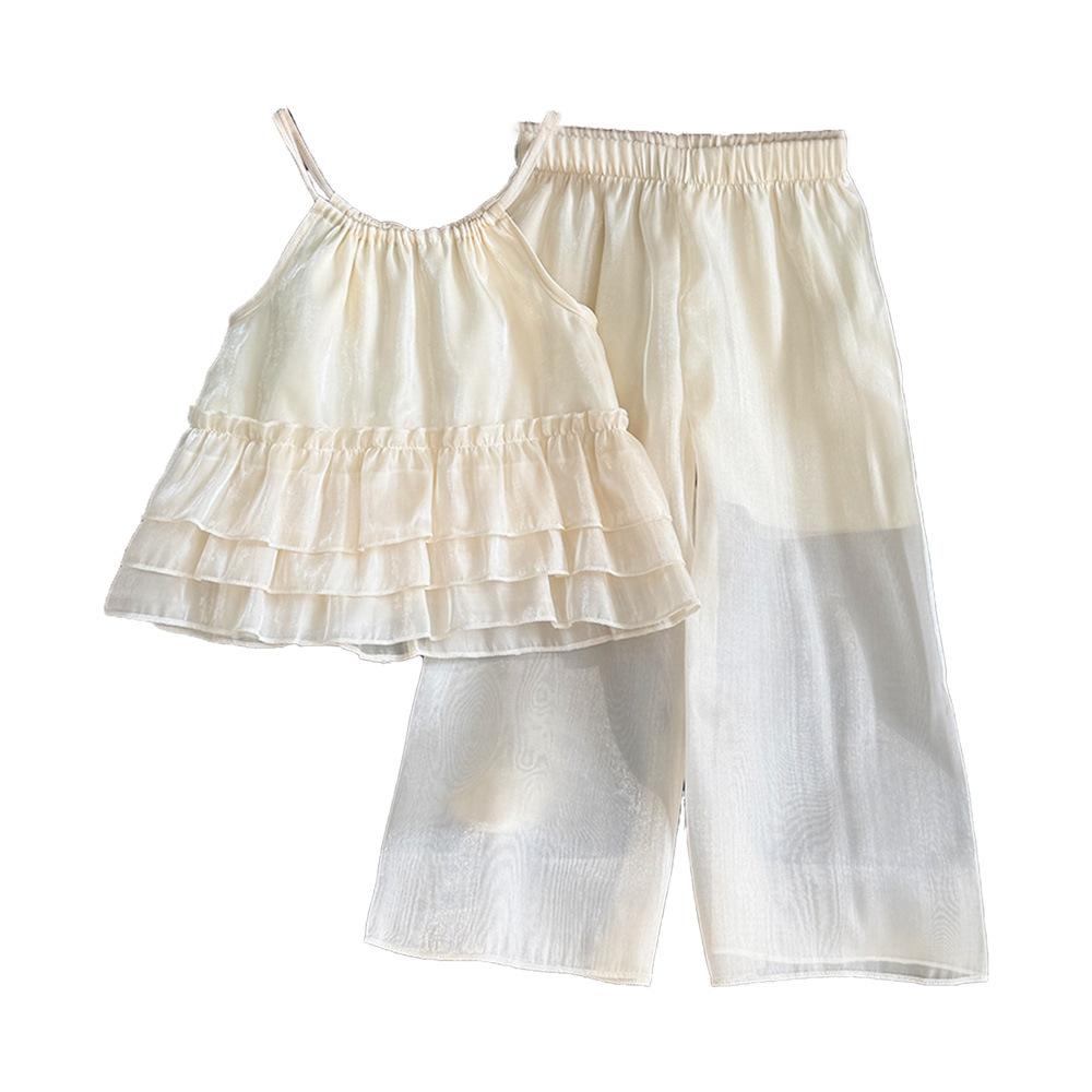Summer Baby Girl Outfit Ruffle Cami Top And Wide Leg Pants Set Simple Stylish Toddler Girls Two Piece Clothing Suit