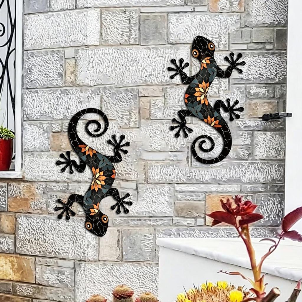 Metal Gecko Wall Decor Outdoor 2 Pieces Lizard Garden Decorations Gecko Fence Decor for Garden Patio Balcony Yard Fence Indoor