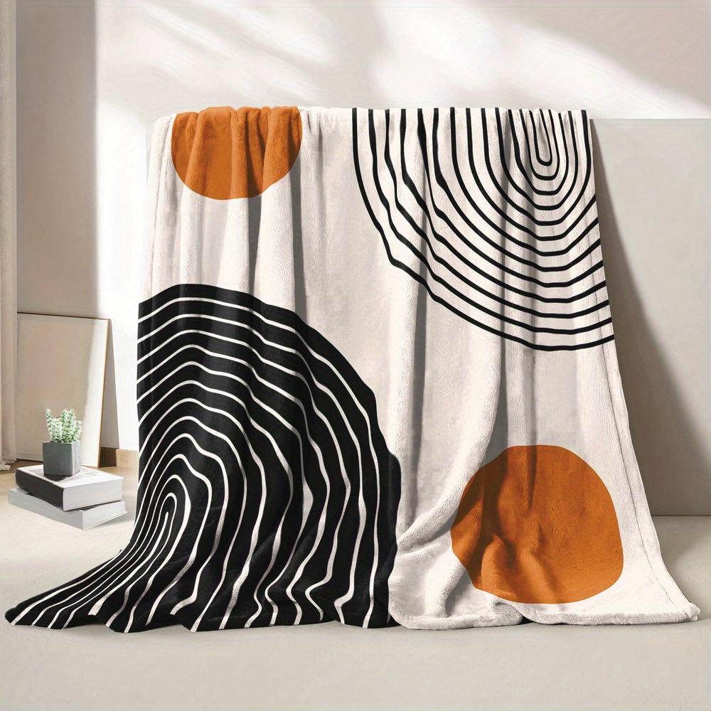 Boho Abstract Geometric Flannel Throw Blanket Black Line Arch Orange Circle Mid Century Blanket