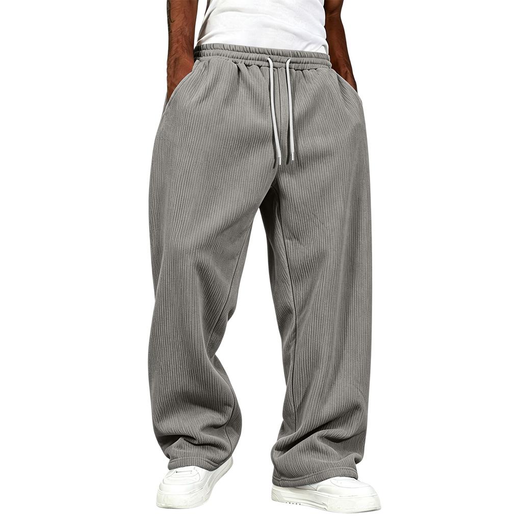Men's Corduroy Wide Leg Pants with Pockets High Waist Loose Fit Casual Trousers