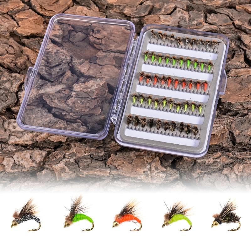 50Pcs/set Fly Fishing Lures Bass Salmon Trout Flies Fishing Tackle Dry/Wet Fishing Feather Baits Fly Fishing Flies Kits