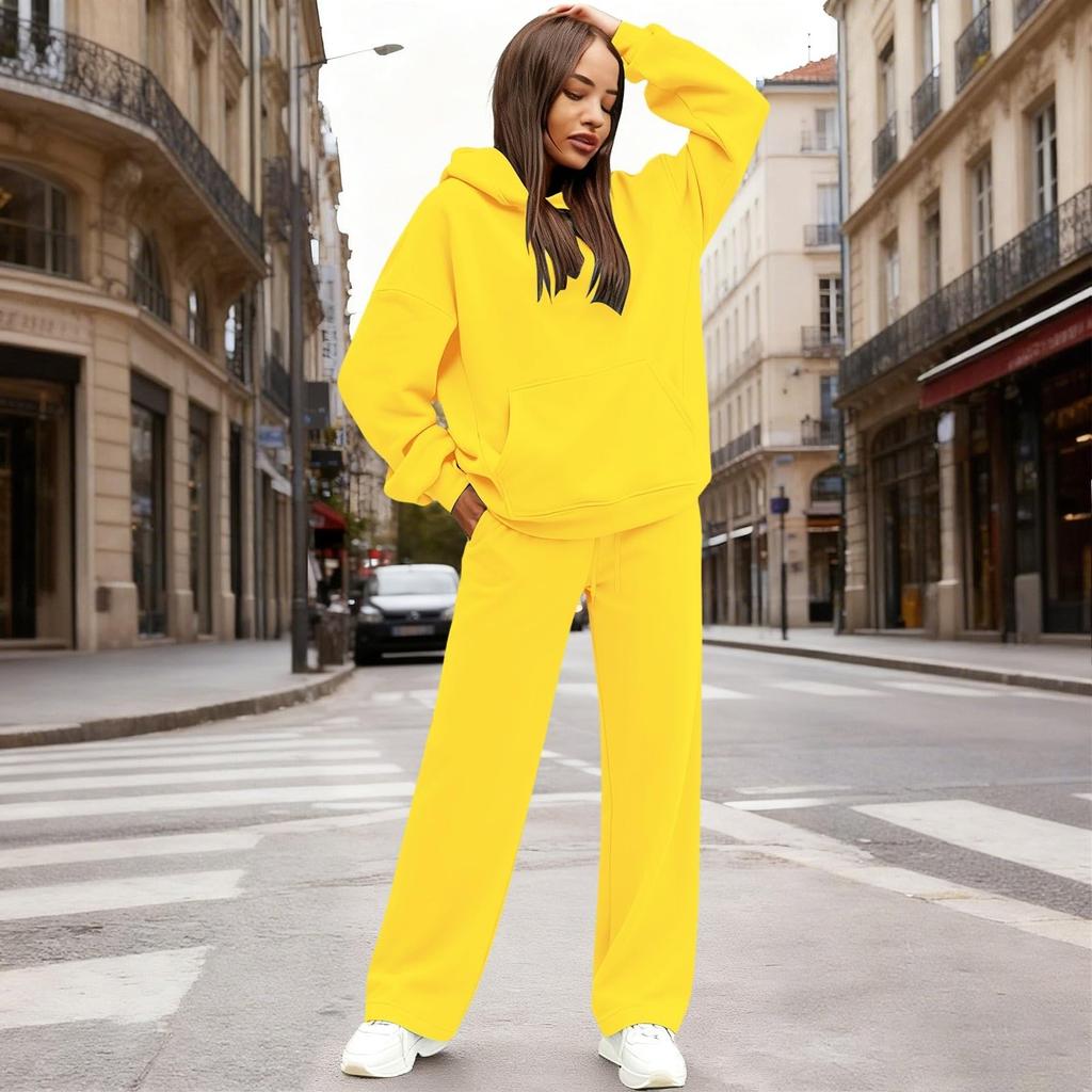 Dámská módní mikina s kapucí volného střihu s kapsami a souprava kalhot podšitých fleecem