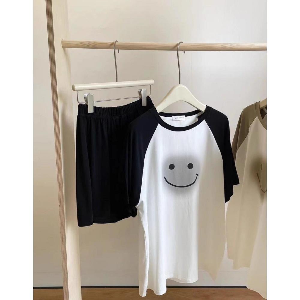 New Summer Color-blocking Short-sleeved Pajamas Set for Women's Gradient Smiley Face Sweet and Cute Cartoon Thin Style