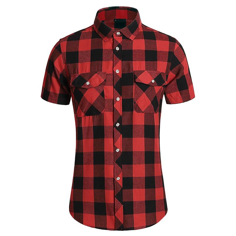 Striped Plaid Short-sleeved Shirt Men s Single-breasted Square Collar Cotton Shirts Summer Fashion Casual Men Shirts M