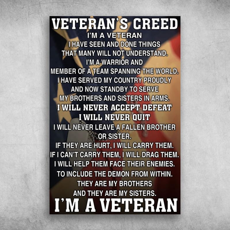 

VeteranS Creed IM A Veteran America Metal Tin Sign Featuring Vintage Signage for Home Garage Decor and Gifting Purposes 20x30cm（7.8x11.8inch）