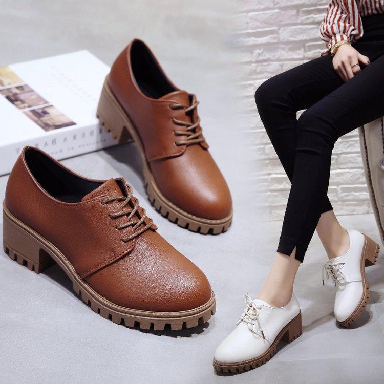 Round Toe Leather Square Heel Lace-Up Mary Janes Platform Pumps Women Shoes  Summer Shoes Woman British Wind Student Shoes