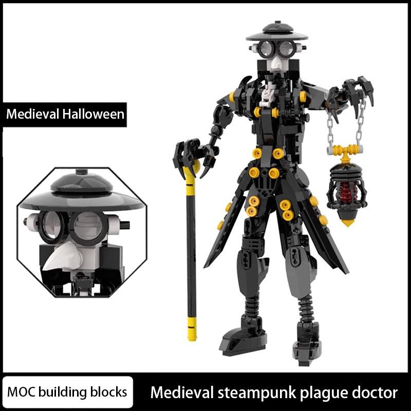 Halloween Crow Long Mouth Medieval Steampunk Style Plague Doctor Mech Model Building Blocks Toy Handpiece