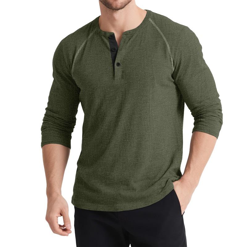 Men's Autumn and Winter Long-sleeved Henley Shirt Retro T-shirt Three-button Color Matching Sweater