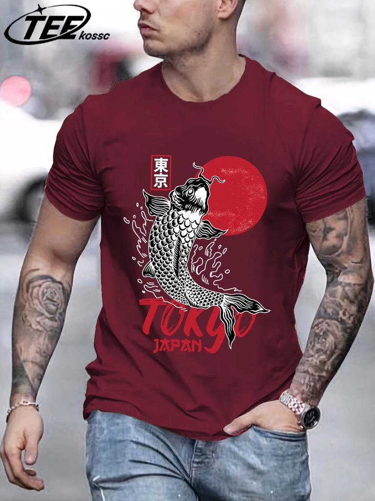 Harajuku Japan Tokyo Sunset Koi T Shirts Men Cotton Summer TShirt Loose Casual Clothes Unisex AllMatch ONeck Short Sleeve
