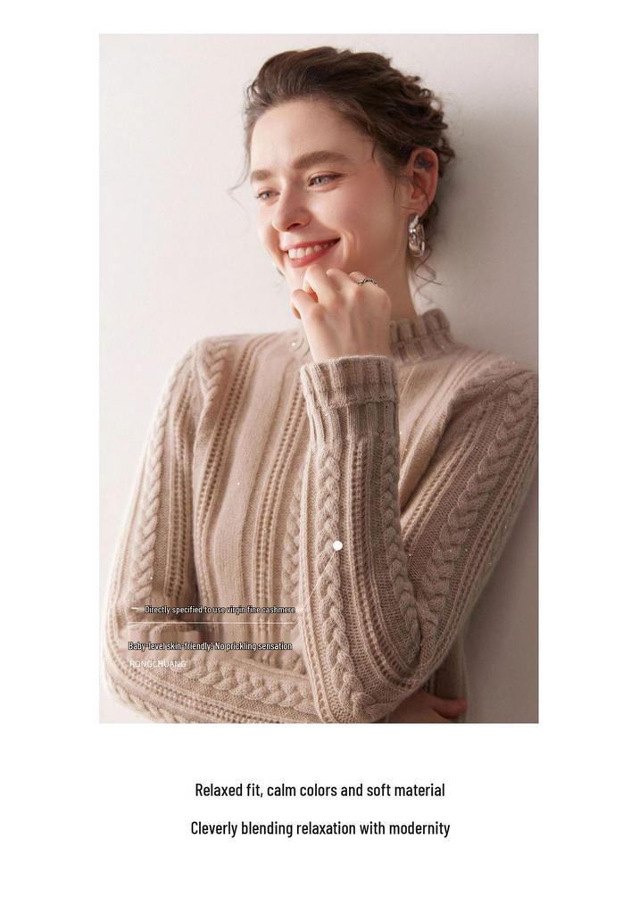 Chic Sequin Stand Collar Cashmere Sweater - Women's Soft Fluffy Knitwear for Autumn/Winter
