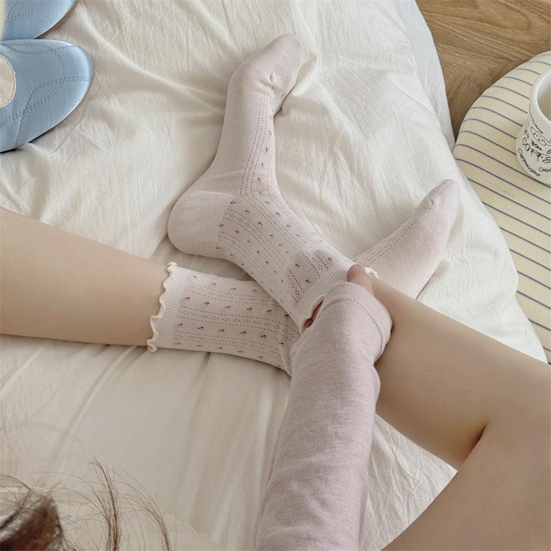 Female Summer Thin Style Casual All Build Mesh Breathable Small Floral Auricle Lace In The Tube Cotton Socks