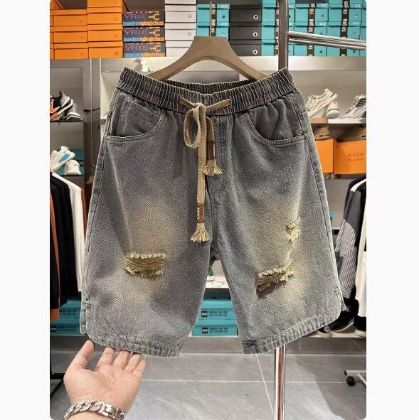 American loose ripped denim shorts men's casual straight wash old trend high street versatile drawstring five-point pants