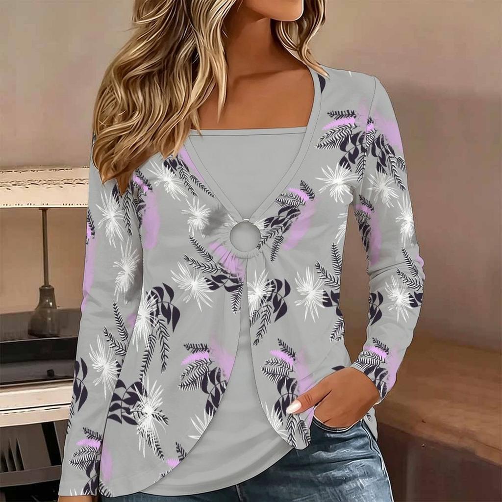 Tops for Women  Floral Print Long Sleeve Fake Two‑Piece Top Fall Casual Slim Pullover Women's Long Sleeve Top