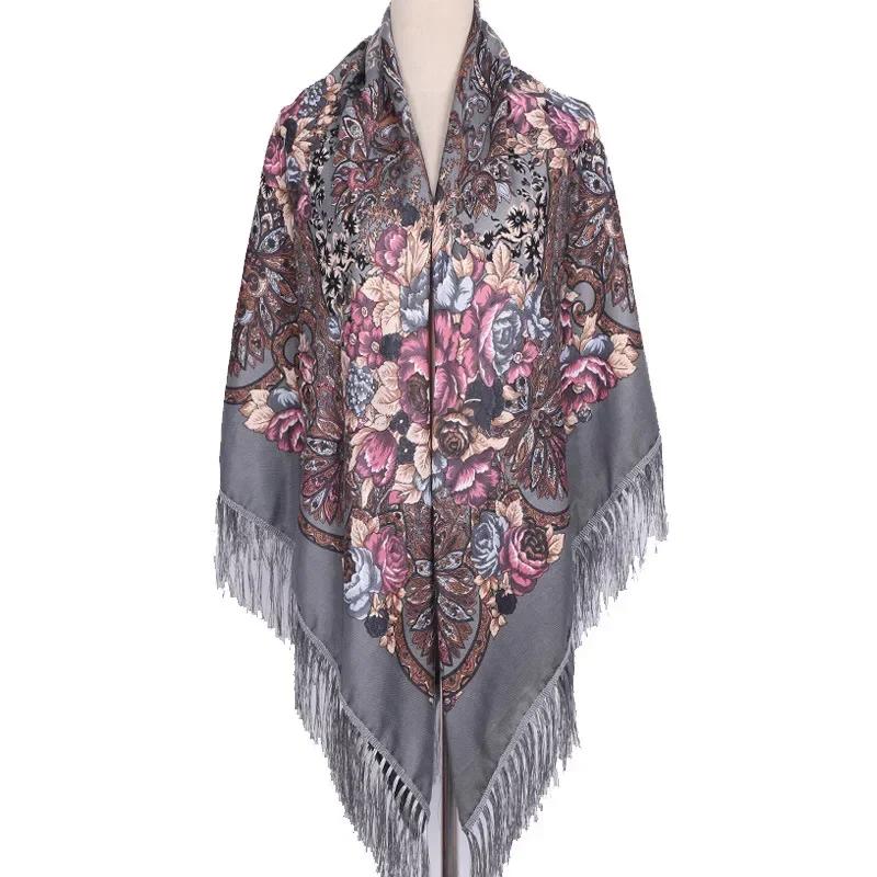 160*160Cm Ethnic Large Square Scarf For Woman Shawls Tassel Floral Print Headscarf Turban Wraps Russian Babushka Bandana Blanket