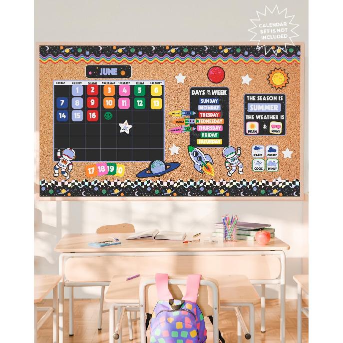 xo, Fetti Outer Space Bulletin Board Trim Set, 72 feet, 60 Pieces | Chalkboard Border, Classroom Decorations, School Planets Sign, Science Banner,