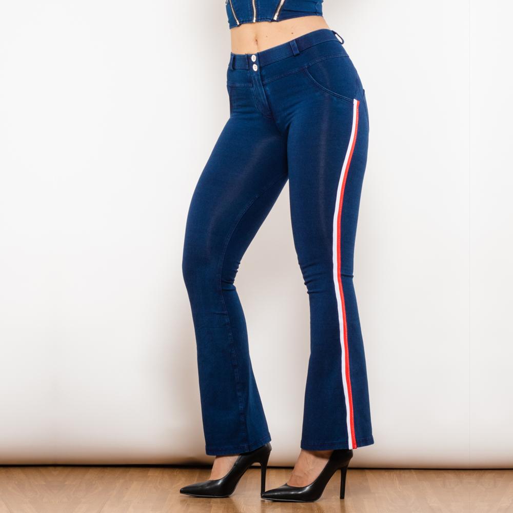 Shascullfites Melody Fashion Flare Jeans White Red Side Stripe Butt Lifting Female Casual Dark Blue Denim Bell Pants Elasticity