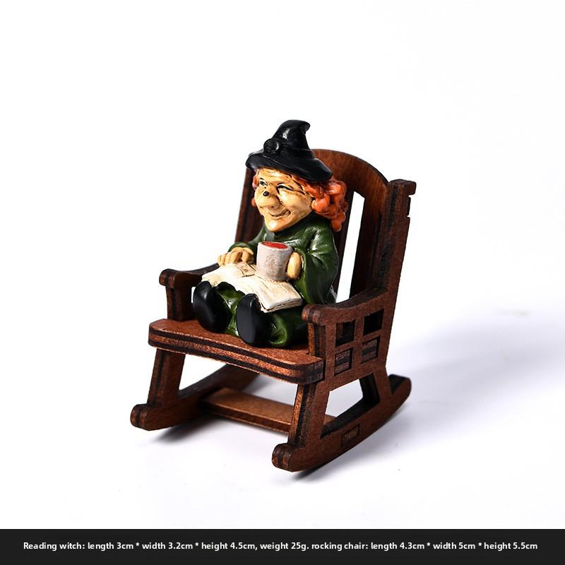 Halloween Witch Ghost Rocking Chair Cute Handmade Figurine Tabletop Ghost in Black Costume Resin Vehicle Figurine