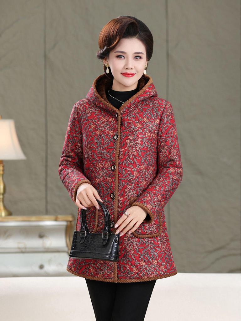 Women's Mid-Length Winter Coat with Thick Velvet Lining for Middle-Aged and Elderly