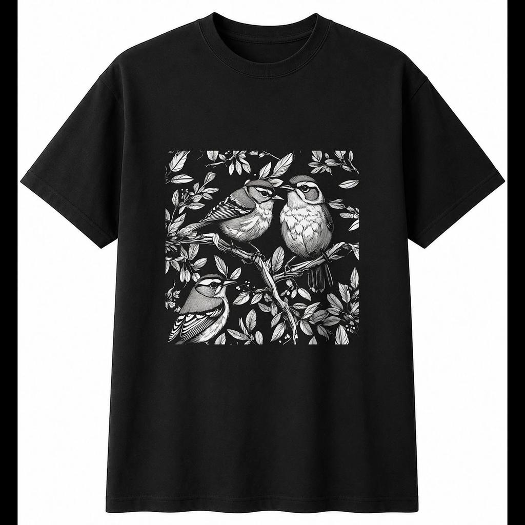 Botanical Goldcrest with Feathers Mens T-Shirt Bird Black 100% Cotton Printed