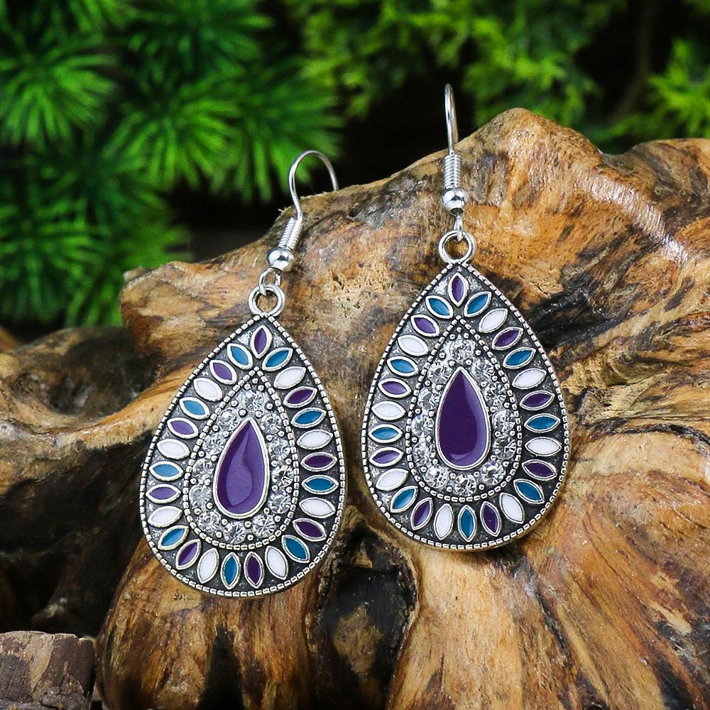Bohemian Fashion Earrings Alloy Oil Drop Vintage Geometric Round Turquoise Inlaid Exquisite Dot Zircon Ear Zircon Wholesale