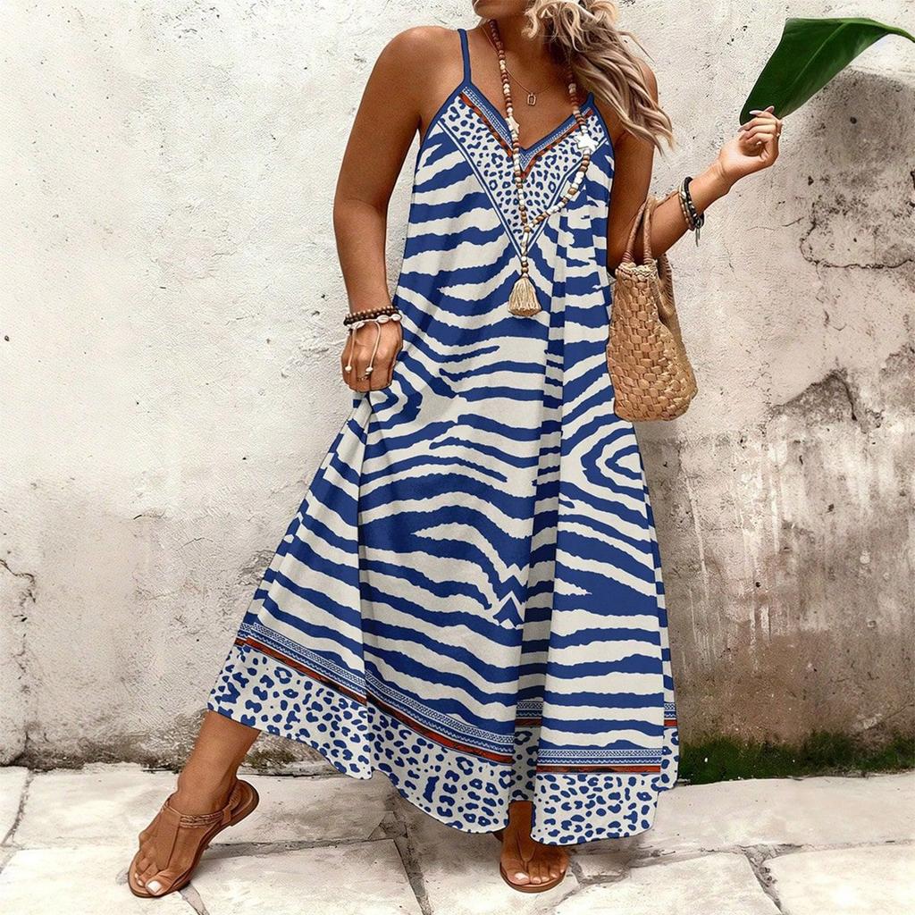 Women's Summer V-neck Bohemian Casual Seaside Vacation Printed Plus Size Sling Dress