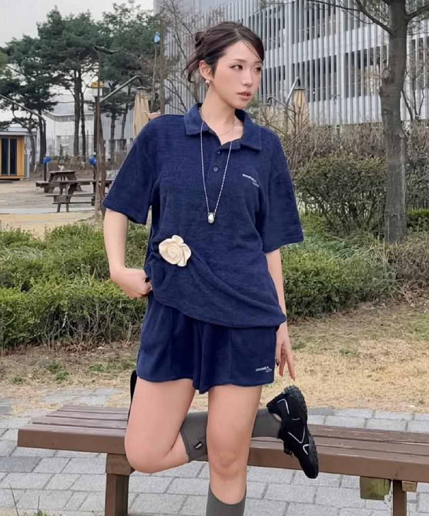 MOONSUN M.C Unisex, Logo Terry Polo Shirt / Navy