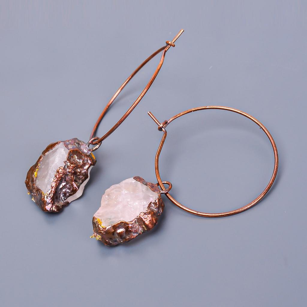 Rose Quartz Rough Stone Friendship Day Hoop Huggie Sisters Gift Earrings Copper V-9