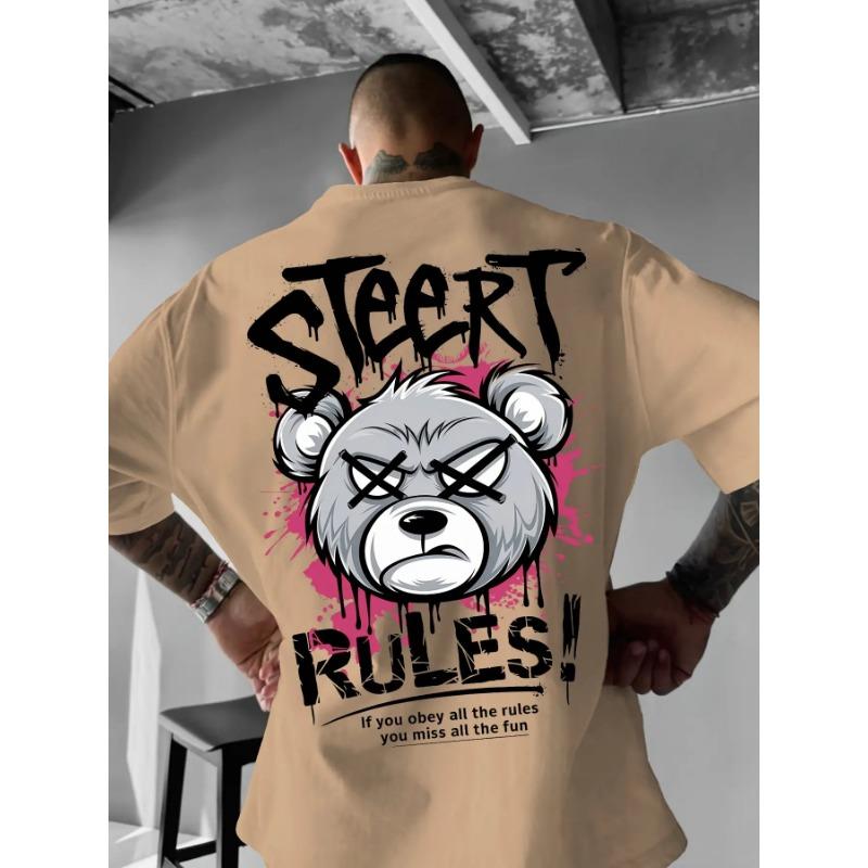 Men's Fashion Summer Angry Bear Letter Print Comfortable Breathable Round Neck T-shirt Outdoor Street Style Top