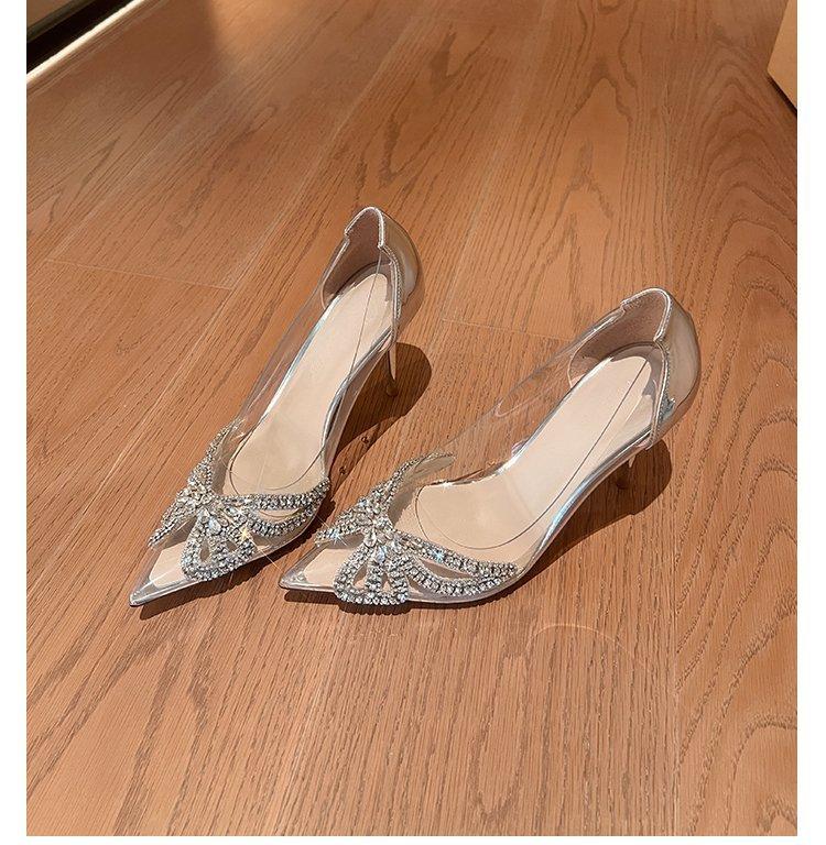 High heels spring new rhinestone butterfly pointed tip thin heel transparent crystal shoes French celebrity single shoes silver wedding shoes