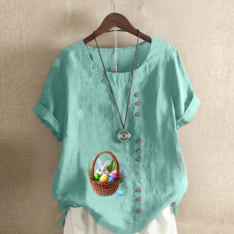 Women's Fashion Round Neck Short Sleeve T-shirt Casual Cotton Linen Graphic Shirt Leisure Loose Rabbit Prined Summer Blouse Tops
