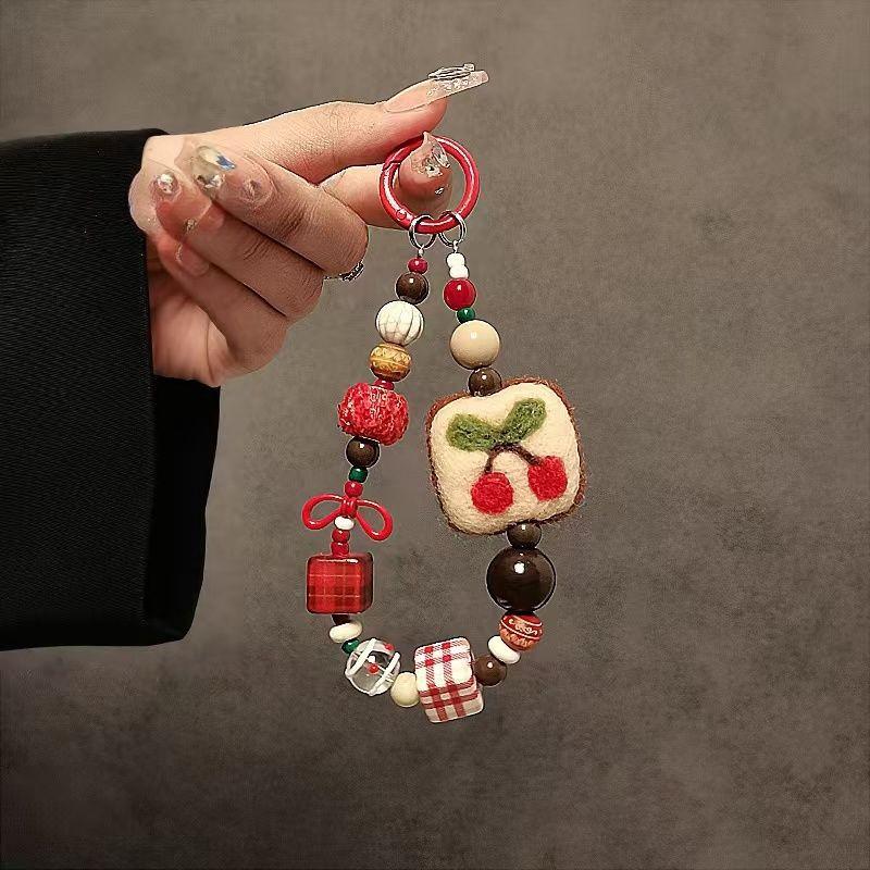 Original Wool Felt Plush Beaded Hand Chain Wrist Short Lanyard Phone Case Car Keychain Bag Pendant Trendy Plush Cherry Block Hangin