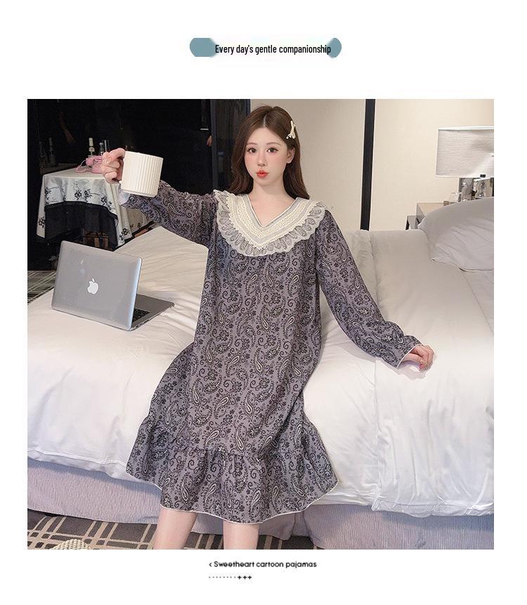2025 V-Neck Pearl Cotton Long Sleeve Nightgown with Chest Pad – Spring/Autumn Oversized Sleep Dress for Indoor/Outdoor Wear