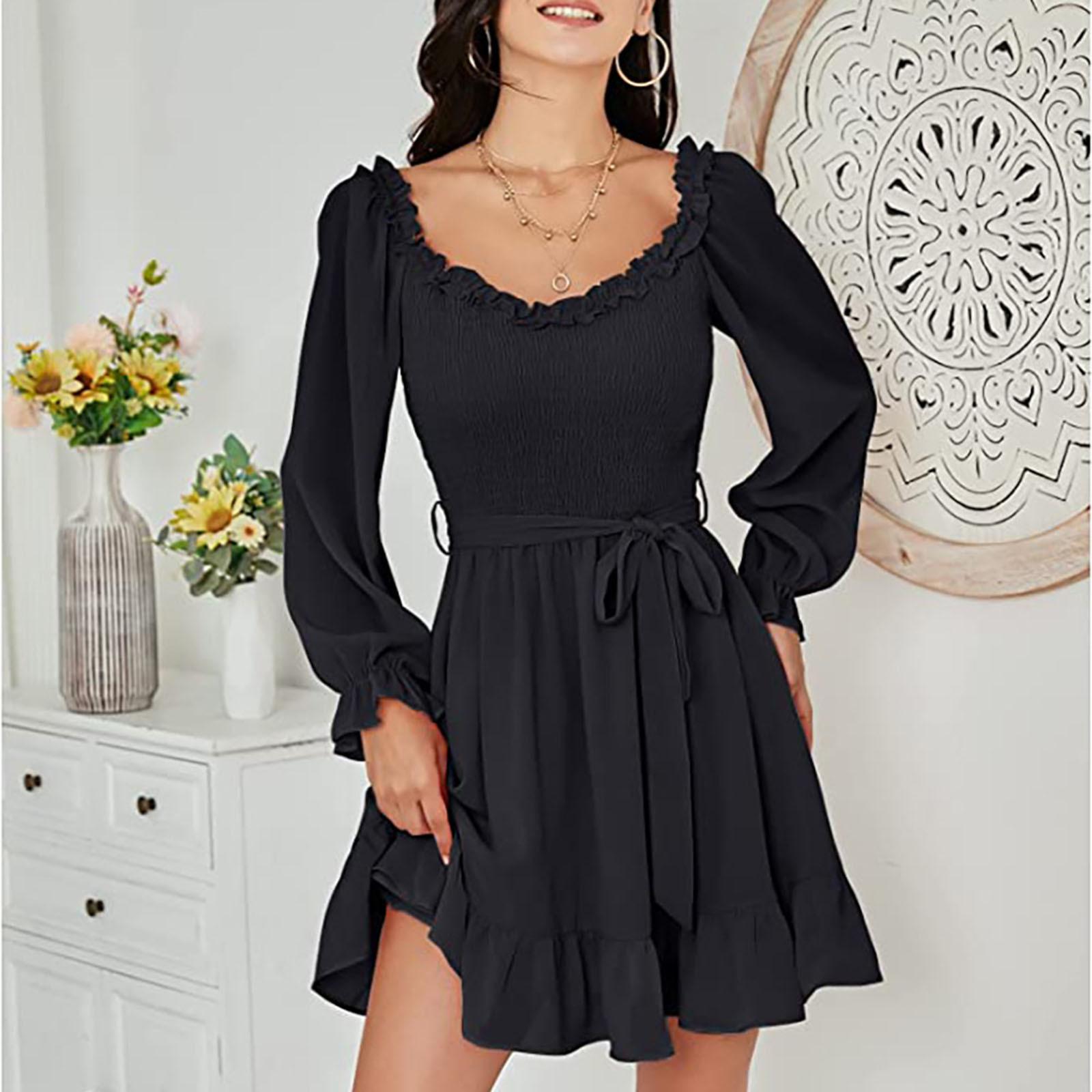 Women s Fashion Colour Ruffle V-Neck Waist-Hugging Sweet Chiffon Dress M чёрный