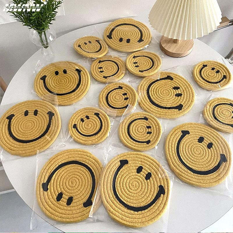 Smiling Face Round Mat Woven Ramie Placemats Anti Slip Dining Table Mats Non-Slip Tableware Bowl Pads Kitchen Drink Cup Coasters