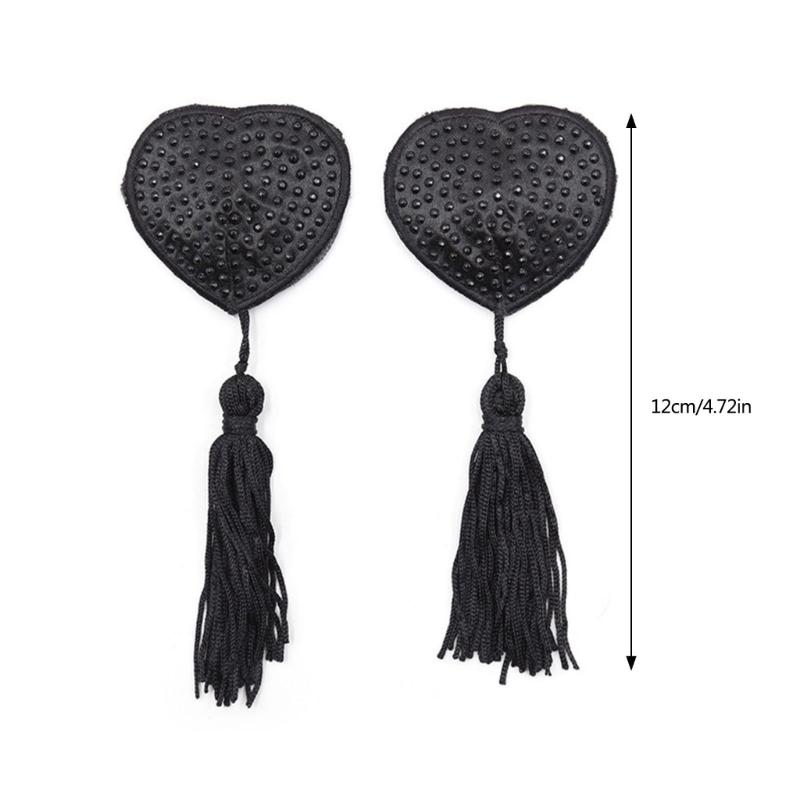 Women Rhinestones Heart Shape Nipple Cover with Tassels Reusable Adhesive Pasties Rave Club Party Breast Pads Sticky Bra
