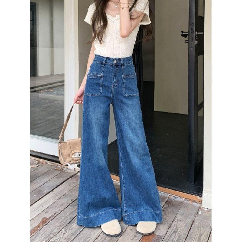 American Retro Loose Washed-out Denim Women's Autumn High-Waisted Boot-Cut Pants Easiest for Match Small Straight-Leg Pants Loose Pants