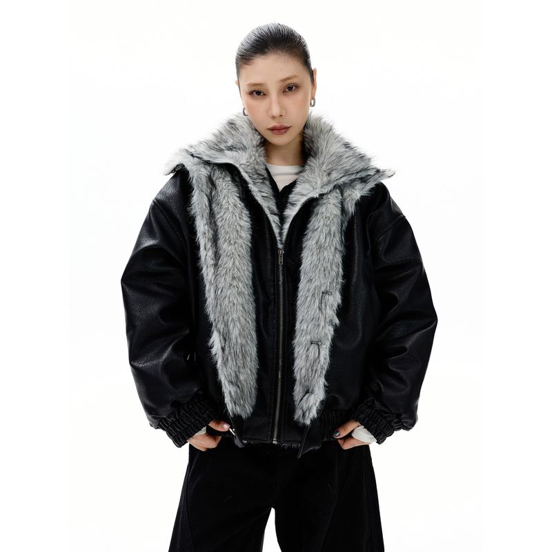 Kisko Winter American-Style Mountain Carving Warm Leather Jacket Cotton Coat for Men and Women, Cool Two-Piece Faux Silhouette Jacket Trendy