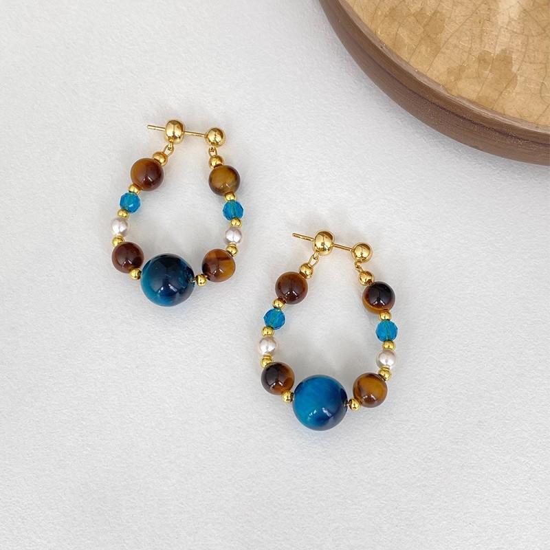 Bohemian Style Turquoise Tiger Eye Stone Pearl Earrings for Women Vintage Handmade Beaded Earrings Charm Jewelry Holiday Gift