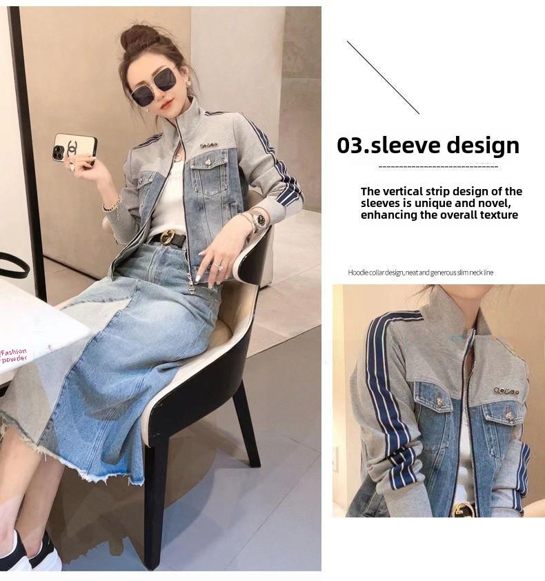 Women's 2023 Korean-Style Retro Patchwork Denim Jacket - Age-Reducing Short Zipper Stand Collar, Long-Sleeved Top for Spring