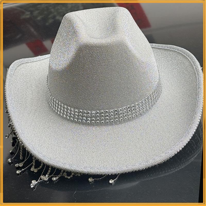 Shimmering Rhinestones Fringed Hat for Women Men Music Festival Fedoras Hat with Large Brims Glittering Powder for Party