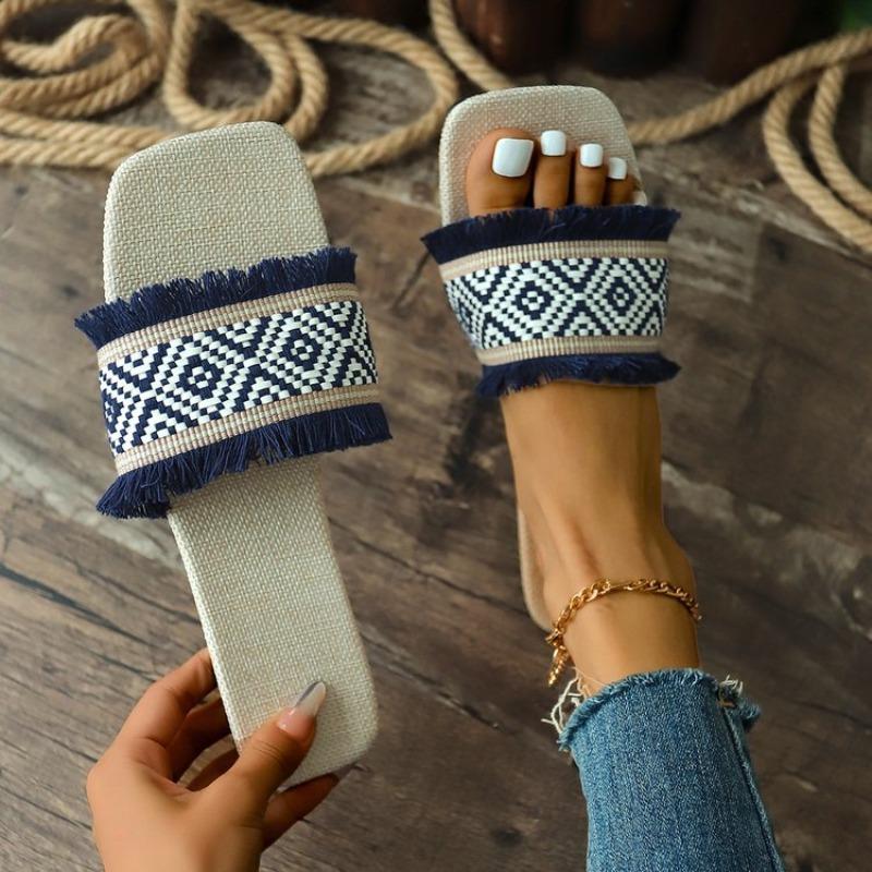 Large size fringed slippers women's summer new square head flat bottom one word casual cool slippers women