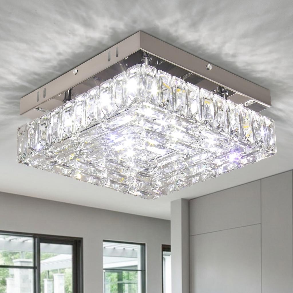 Modern Square Crystal Chandelier LED Small Chandeliers Flush Mount Ceiling Light Fixtures for Bedroom Hallway Foyer 6000K