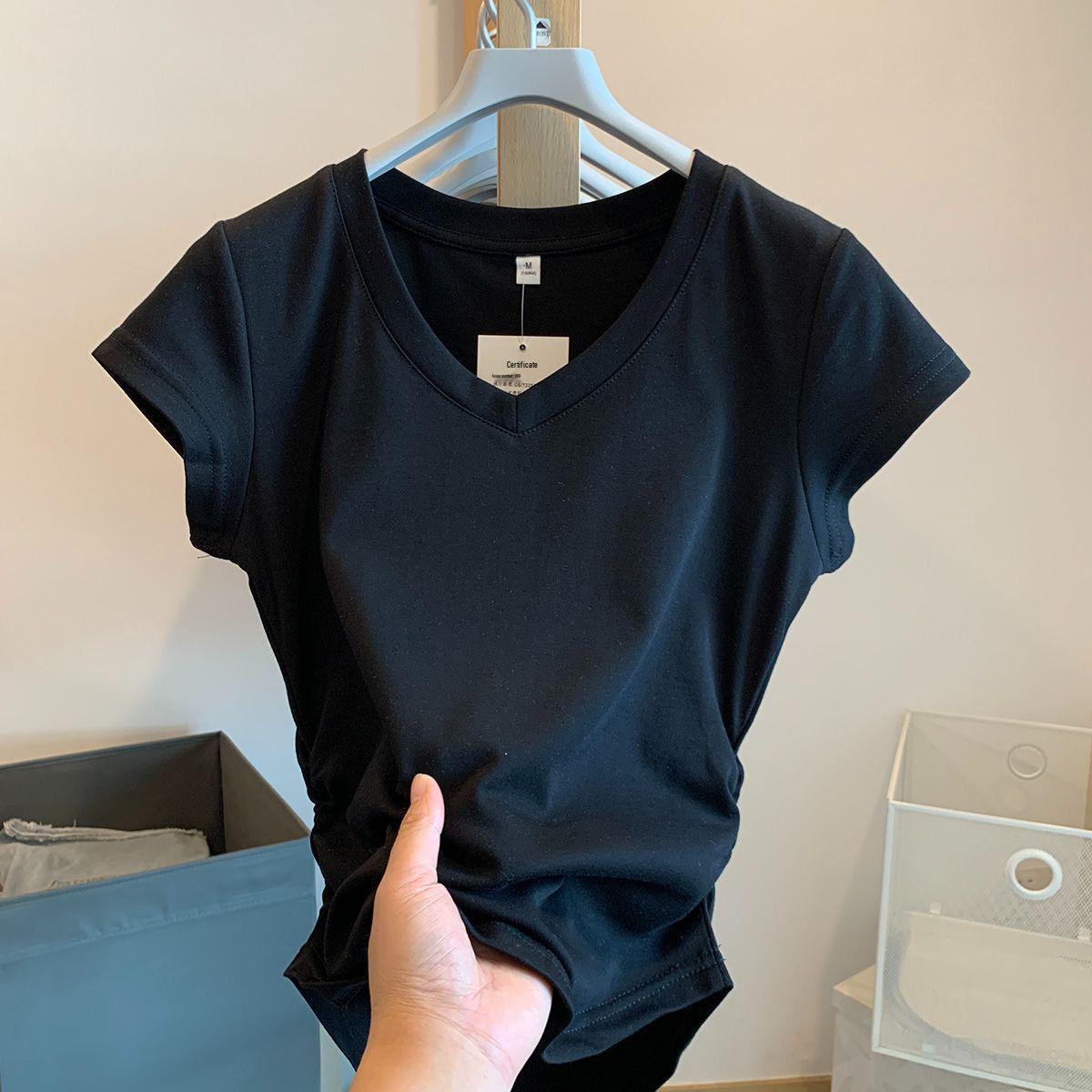 

Women s Black V-Neck Slim-Fit Short-Sleeve T-Shirt - 2025 Summer Bodycon Waist-Cinching Design Extra Large