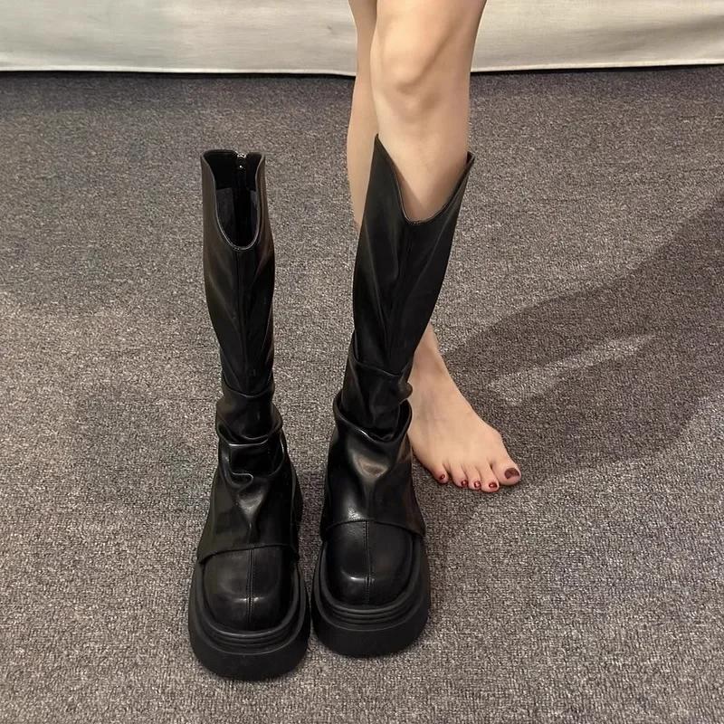 Women's Thick Bottom High Tube Boots Autumn Winter Brown Long Tube Boots Pant Boot Small Size Knight Boot Simple Style