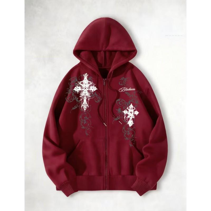 Gotický Kříž Sanskrtský Potisk Volná Mikina na Zip Pánská Ležérní Streetwear