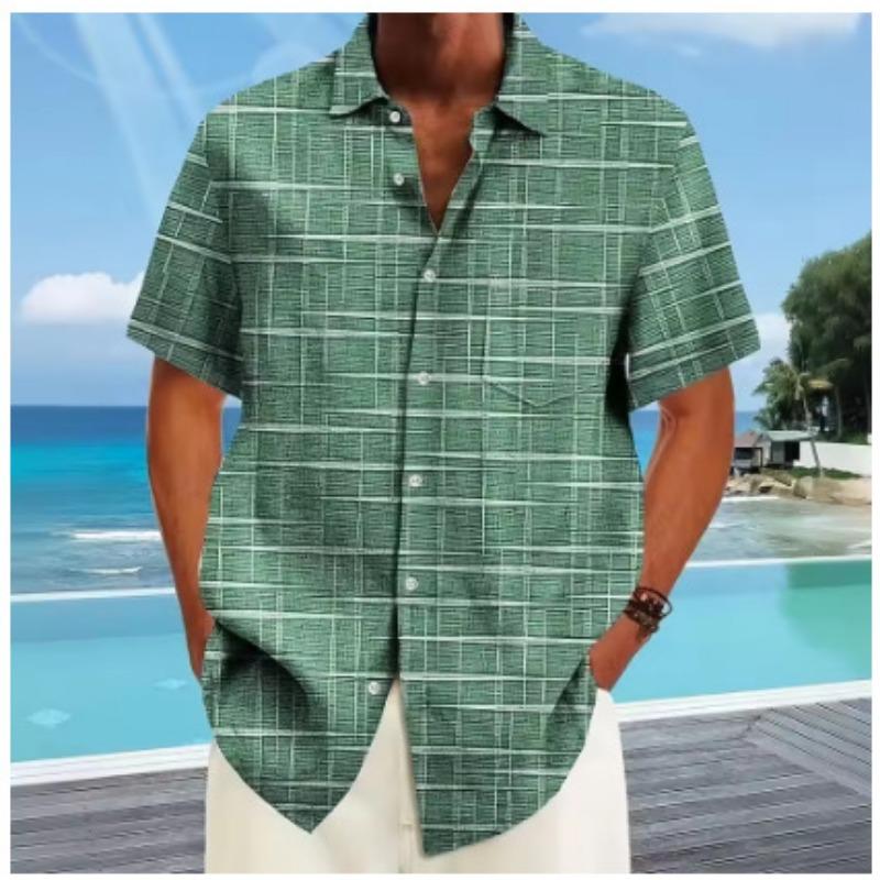 Men's Summer Green Grid Print Hawaiian Shirt Casual Short Sleeve Beach Shirt