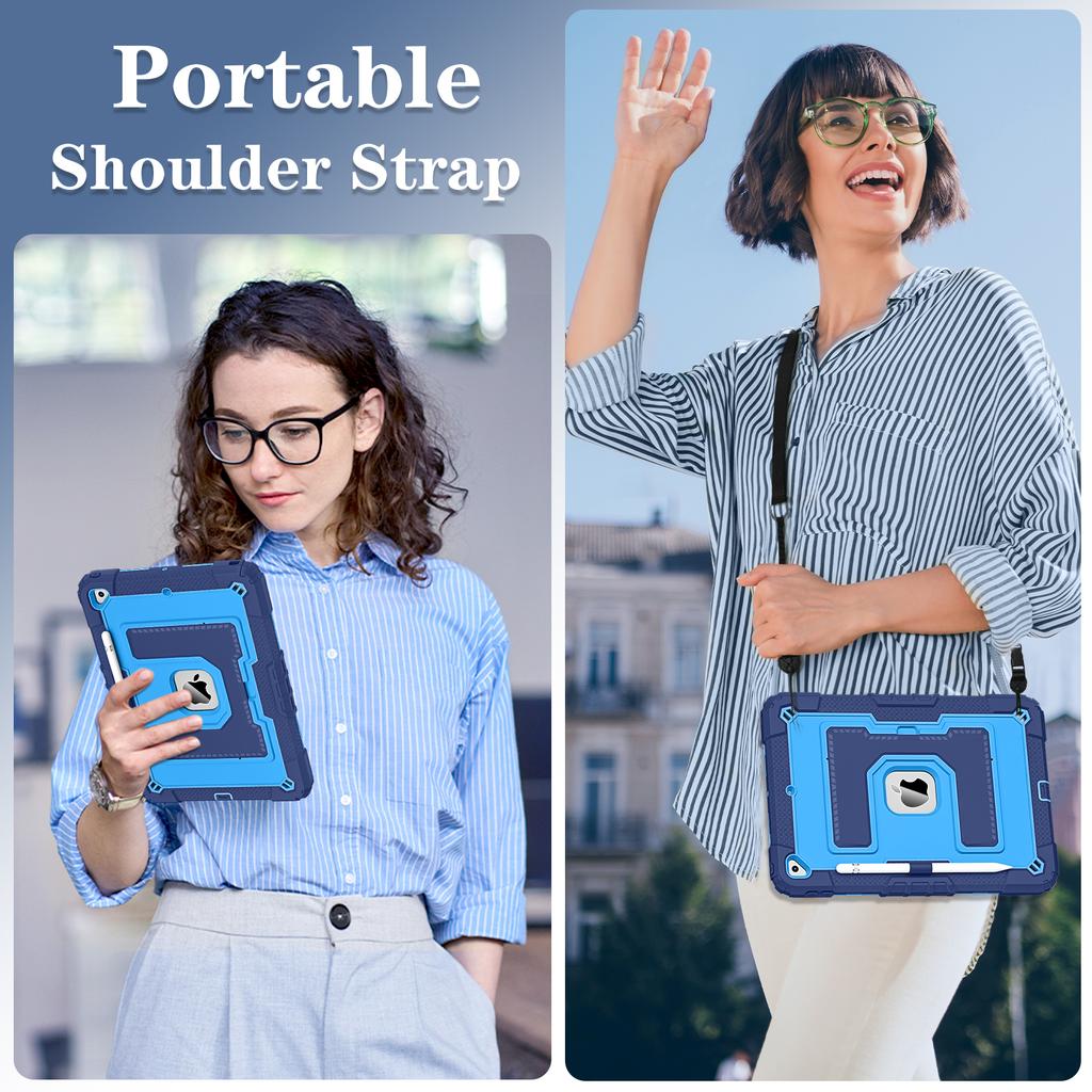 Rugged Heavy Duty Case for iPad 7th 8th 9th Gen 10.2" Display Shockproof Durable Case with Kickstand Crossbody Strap Pen Holder