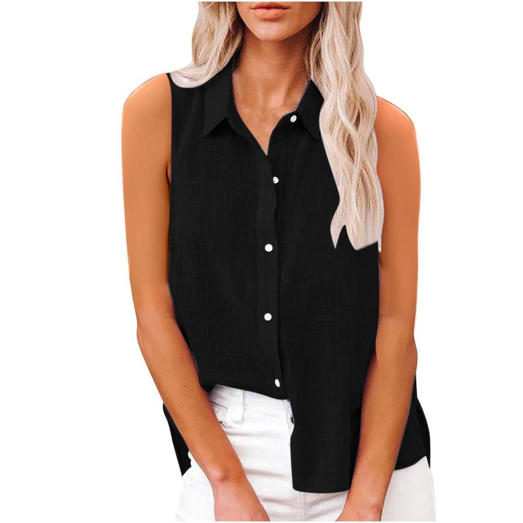Women's Fashion Casual -Colour Sleeveless Cardigan Collar Cotton-Linen Button-Down Shirt T-Shirt Top